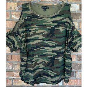 Forever 21 Plus Size Army Green Camo Cold Shoulder T-Shirt Top Size 1X